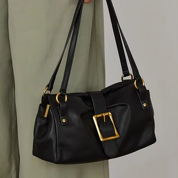 Роскошные дизайнерские сумки-багеты из натуральной кожи высокого качества 2023, женские предметы первой необходимости, черные сумки-тоут из воловьей кожи на плечо от морщин 9