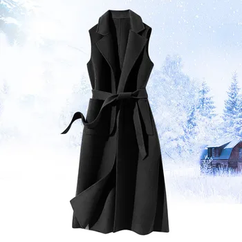 Женский осенне-зимний шерстяной жилет, модный жакет без рукавов с однотонным ремешком, женский длинный жилет, женские длинные шерстяные пальто 11
