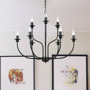Винтажный подвесной светильник, люстра в виде железной свечи, 9-ламповый домашний декор в фермерском доме, металлический подвесной светильник для гостиной, столовой, черный 5