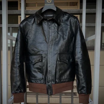 Черная мужская весенняя куртка пилота A2 в стиле милитари размера плюс 5XL из натуральной конской кожи Авиационные пальто из натуральной кожи 3