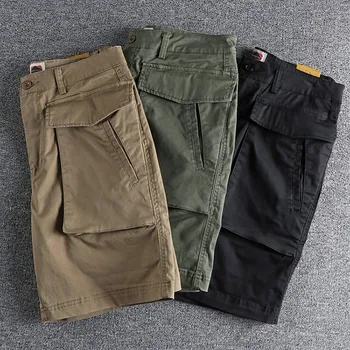 Японские повседневные шорты с большим 3D карманом, мужские тканые хлопчатобумажные Слегка свободные качественные брюки с разрезом, бриджи для путешествий на открытом воздухе