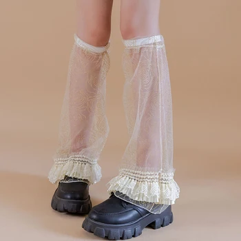 Женские гетры из прозрачной сетки с блестящим принтом, кружевная отделка рукавов, модные носки до икр 6
