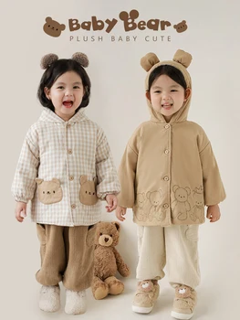 Осенний комплект для девочек, пальто с капюшоном и принтом Медведя, футболка с круглым вырезом. 11