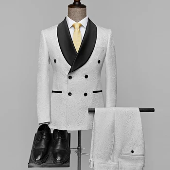 Мужское белое модное роскошное платье для свадебного банкета, костюм жениха из 2 предметов, классический мужской жаккардовый блейзер и брюки для выпускного вечера в британском стиле 10