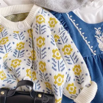 2023 Осенне-зимний детский свитер для девочек, жаккардовый вязаный топ, кардиган для девочек, пальто, утолщенные свитера для девочек 14