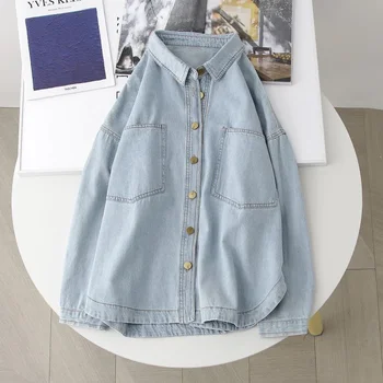 Весенне-осенняя мода 2023 года, джинсовая блузка, женская рубашка свободного кроя с длинным рукавом, женское пальто, простой ковбойский топ, женский 4