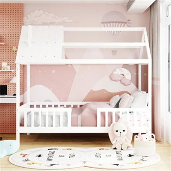 Кровать Twin Size Wood House с ограждением белого цвета, прочная, легко устанавливается, подходит для мебели для спальни 13