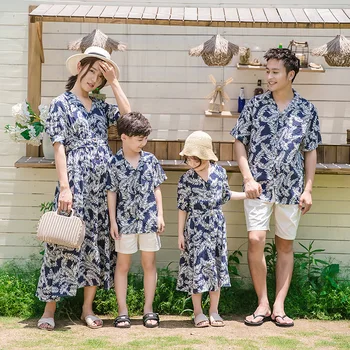 Семейный костюм для отпуска 2023, подходящий для пляжа, рубашка и шорты для отца и сына, комплект из двух предметов, курортное платье для мамы и дочки, морское платье 14