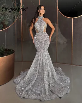Элегантные Серебряные Вечерние платья, платье 2023, Бусы на бретелях, кристаллы, Свадебное платье, Дубай, Блестящее платье для выпускного вечера, Vestidos De Noche 11