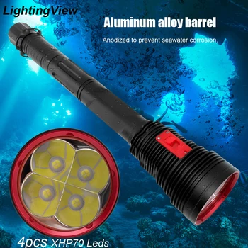 Новый профессиональный подводный фонарь IPX8 4 * XPH70 LED, фонарик для подводного плавания, фонарик для подводной охоты, работающий от батареи 26650 12