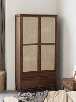 Японский ретро-ротанговый шкаф-купе из массива грецкого ореха, двухдверный шкаф для хранения вещей, маленькая спальня 15