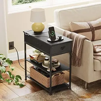 Приставной столик с зарядной станцией, узкий столик с USB-портами и розетками, трехъярусная тумбочка с тканевым ящиком для гостиной 9