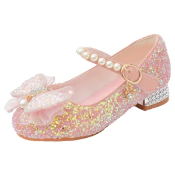 Обувь для девочек на высоком каблуке 2023 года, Новые детские туфли принцессы, кожаные туфли для выступлений, хрустальные туфли на мягкой подошве 10