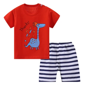 Летняя детская одежда для мальчиков из 2 предметов, повседневные модные хлопковые топы с короткими рукавами и милыми героями мультфильмов + шорты в полоску, комплект детской одежды BC2400-1 17
