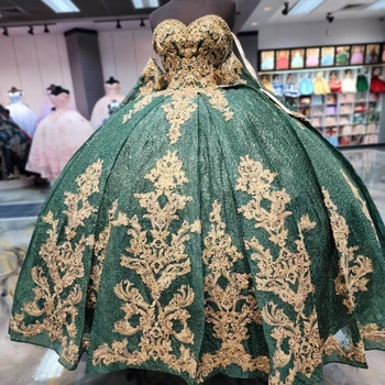 Изумрудно-Зеленое Расшитое Бисером Бальное Платье Quinceanera Dresses Золотая Аппликация Из Бисера Sweet 16 Dress Pageant Dresses Vestidos De 15 Anos 10