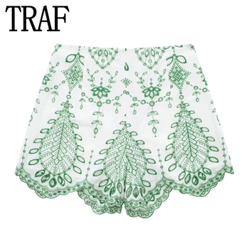 TRAF 2023 Женские короткие комплекты с вышивкой, зеленые летние шорты с вырезами для женщин, пляжные мини-шорты в стиле бохо со средней талией, женская мода 3