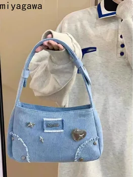 Miyagawa Vintage Metal Star Denim Маленькая квадратная сумка Подмышечная сумка 2023 Новая модная сумка для пригородных поездок Сумка через плечо 12