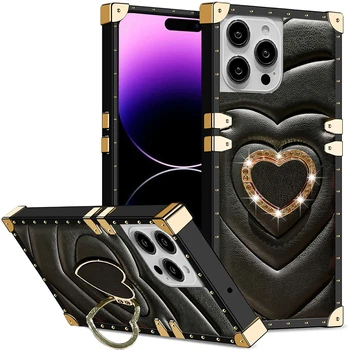 Роскошный Квадратный кожаный чехол 3D Diamond Love heart ring кронштейн Металлический противоударный чехол для iPhone 14Pro Max 11 12 13Pro Xr Xm cover 22