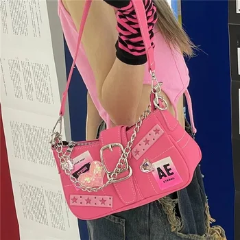 Y2k Розовая Сумка Через Плечо Для Женщин С Цепочкой Дизайнерские Маленькие Квадратные Сумки Cool Girl Sling Bag Heart Deco Мини-Кошелек Подмышками Мода 18