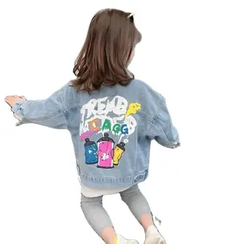 Джинсовое пальто для девочек 2023 года, новая Детская куртка с принтом, весенне-осенний Корейский модный топ, детская куртка для девочек, одежда 3 4 5 6 7 16