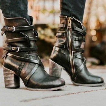Дизайнерские винтажные зимние ботинки, женская обувь, сапоги до середины икры на платформе, женские пинетки на высоком каблуке, Обувь из искусственной кожи, Сапоги для женщин 2