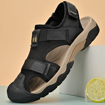 Новые мужские летние тонкие туфли, сандалии, мужские уличные кожаные дышащие тапочки Baotou, износостойкие нескользящие спортивные сандалии 11