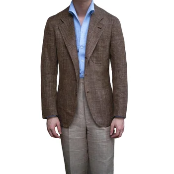 Льняные мужские костюмы, 2 предмета, Шоколадный сплошной цвет, 2 пуговицы, красивый блейзер, уличная одежда в английском стиле, повседневная элегантная куртка, пальто 17