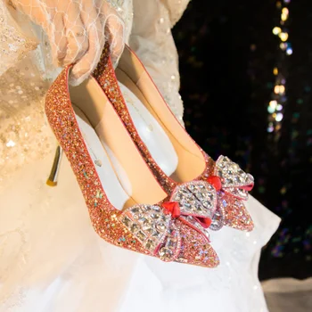 Rimocy Красные Блестящие туфли-лодочки на тонком каблуке с пайетками, женские модные туфли для свадебной вечеринки с хрустальным бантом, женские свадебные туфли на высоком каблуке с побрякушками 2