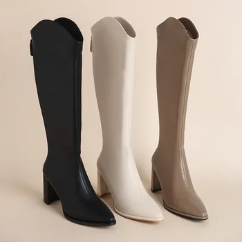 Большие размеры 34-43, Новые женские ботинки на толстом высоком каблуке с застежкой-молнией, Простые Осенне-зимние сапоги на толстом высоком каблуке до колена 1
