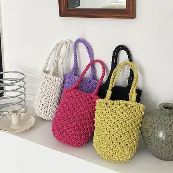 Тканая сумка ручной работы, Женская сумка в форме ведра, однотонные Летние Пляжные сумки, сумки-тоут, Рыболовная сеть, сумки-тоут, подарок для девочек 18