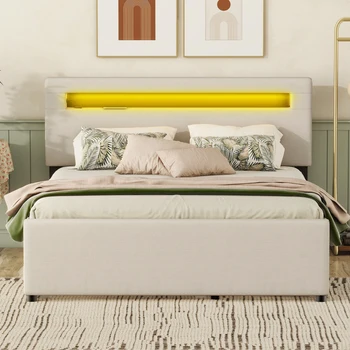 мягкие кровати-платформы для хранения со светодиодной подсветкой и USB-портами для зарядки, односпальные кровати, кровати для взрослых и подростков, двуспальные кровати 13