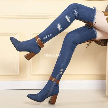 Женские классические джинсовые ботфорты выше колена, женская обувь на эластичном высоком каблуке, Модные осенние рыцарские сапоги с острым носком 3