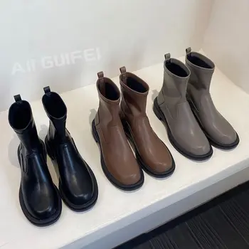 Женские ботильоны с круглым носком, Черные, коричневые, Серые, короткие ботинки, Эластичные туфли на плоском низком каблуке, женские туфли 
