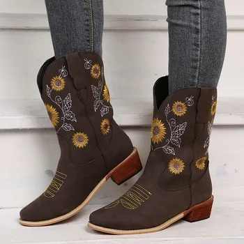 Женские ботинки в западном стиле 2023, осень-зима, ковбойские сапоги с дизайнерской вышивкой, короткие ботинки в стиле ретро, женская обувь на платформе Zapatos De Mujer 3