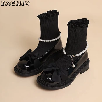 Осенне-зимние женские ботинки EACHIN, модная обувь с носками, женские ботинки до щиколотки с жемчугом, вечерние туфли для девочек-подростков, обувь принцессы 10