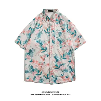 Пара Японских рубашек Harajuku с коротким рукавом Оверсайз для мужчин и женщин, Гавайский цветочный геометрический принт, Уличная одежда XXXL 14