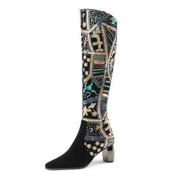 Новое поступление Осенне-зимних женских ботинок с цветными бусинами На высоком каблуке с острым носком, вечернее платье, свадьба, индивидуальность, эксклюзивный дизайн 15