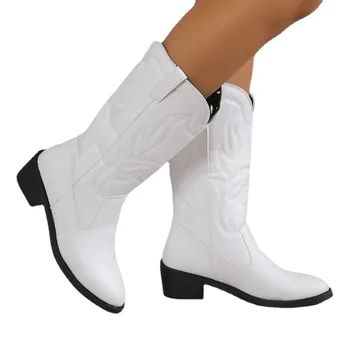 Осенне-зимние женские ботинки 2023 г., новые белые женские ботинки на платформе с тиснением, модные повседневные ковбойские сапоги в западном стиле с острым носком 1