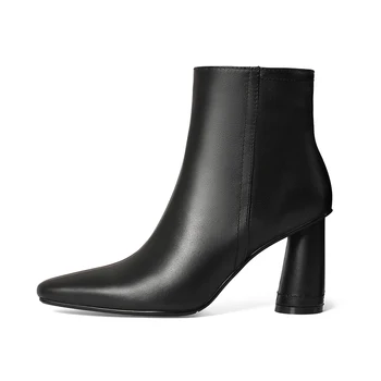 Женская обувь из натуральной коровьей кожи, ботильоны 2023, черные, бежевые, на массивном каблуке, с острым носком, на молнии, Высота каблука 8,5 см 10