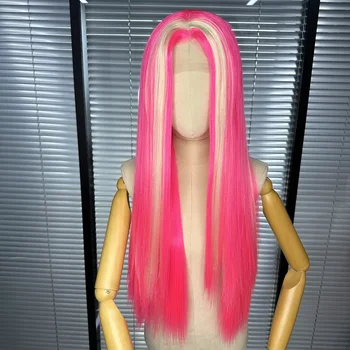 Выделите Розовый синтетический прямой парик без подклеивания спереди 13x4, трансвестит, Термостойкие Предварительно выщипанные женские парики для косплея 180%
