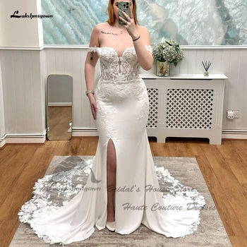 Lakshmigown Винтажное кружевное свадебное платье Русалки с открытыми плечами 2023 г. Длинные платья принцессы из крепа в стиле Бохо с разрезом сбоку 8