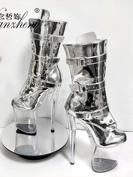 Сценические ботильоны из трех частей с серебряной блестящей поверхностью, 20 см, обувь для танцев на шесте со стразами, женские гладиаторские туфли для ночного клуба с круглым носком 19