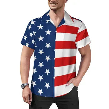 Блузки с американским флагом 4 июля, мужские повседневные рубашки со звездно-полосатым принтом, гавайская модная пляжная рубашка большого размера с коротким рукавом 19