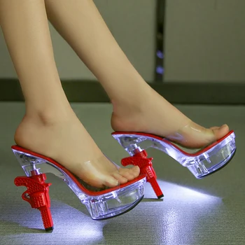 Женские босоножки на высоком каблуке, светящаяся модель на платформе, т-образная нескользящая пикантная обувь для подиума, модный большой размер 10