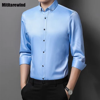 Весенне-осенние новые мужские рубашки, роскошные деловые повседневные Тонкие однотонные шелковистые рубашки с длинными рукавами для мужчин, простые удобные топы 18