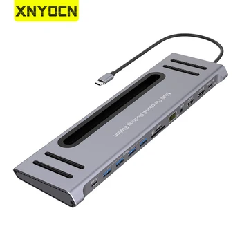 Док-станция Xnyocn 12 в 1 Usb C Концентратор Type C Двойной Hdmi Совместимый 4K Rj45 Ethernet PD 3.0 Быстрая Зарядка для MacBook iPad Телефона 22