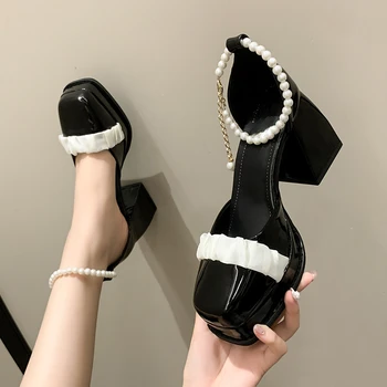 BCEBYL Летние Дышащие сандалии с жемчугом на толстом каблуке, Модные Новые Элегантные Женские туфли на высоком каблуке для вечеринки, банкета 16