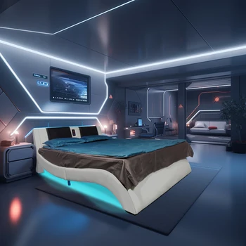 Каркас кровати-платформы, обитый искусственной кожей, со светодиодной подсветкой, подключением Bluetooth для управления воспроизведением музыки, вибрационным массажем 20