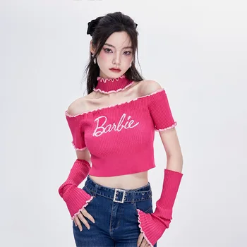 Барби 2023 Новый вязаный свитер, футболка, Детский пуловер с летящим рукавом, хитовый цвет, короткий топ на одно плечо, подарок девушке