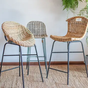 Скандинавские барные стулья из кованого железа для кухонной мебели, барные стулья из ротанга со спинкой, барные стулья для отдыха творческой личности 4